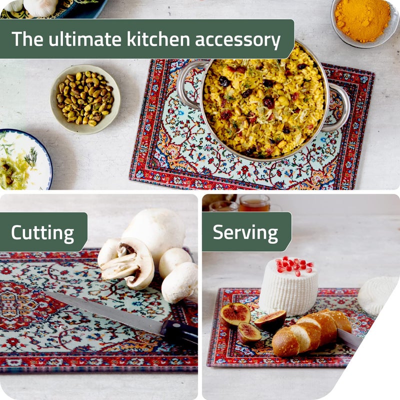 PELEG DESIGN Tempered Glass Cutting Board, 9.6" x 14.4" â€“ Decorative Glass Cutting Board for Kitchen Counter, Heat & Shatter Resistant Chopping Board & Serving Tray, Magic Carpet Design (Rugboard) - Image 2
